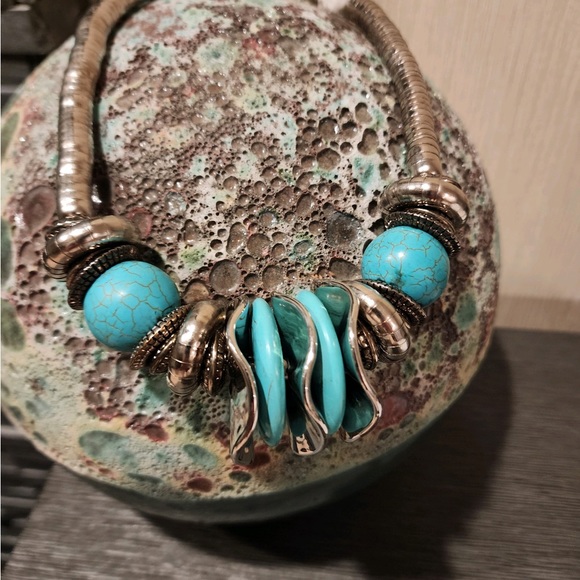 Statement Necklace w/Large Reconstructed Turquoise Elements - Picture 2 of 11